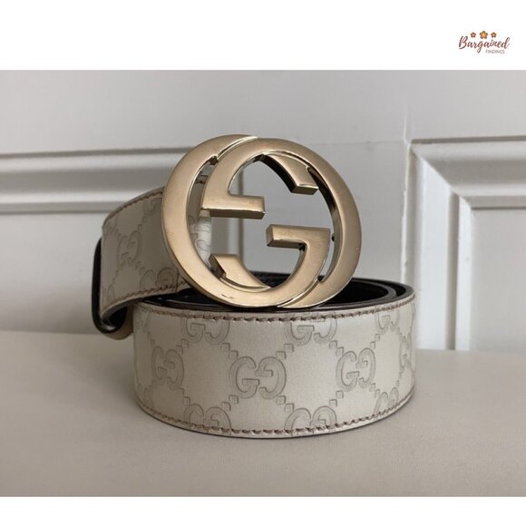 Authentic Gucci Cream Guccissima Leather Gold Interlocking G Buckle Belt 80/32 - Picture 12 of 13